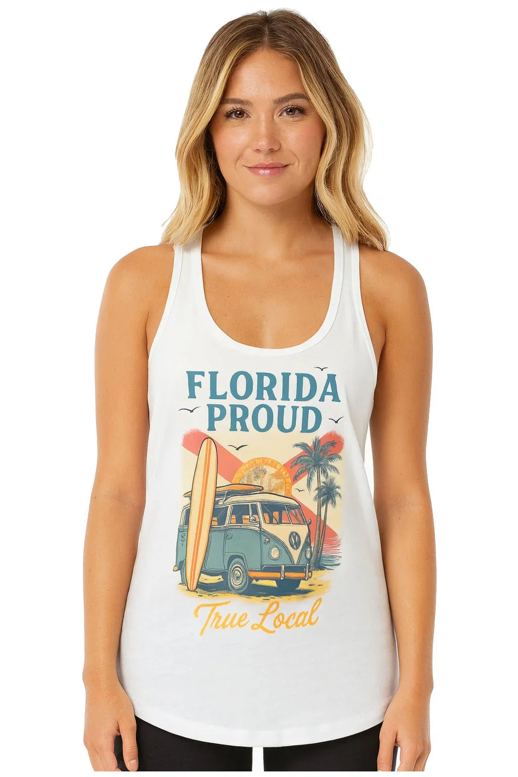 Florida Proud tank top with vintage van, surfboard, and palm trees design for local beach lovers