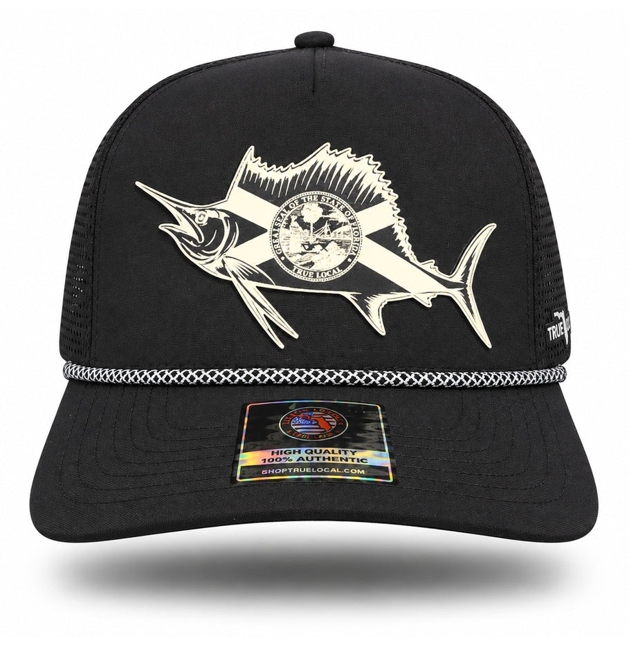 Black sailfish performance rope hat with white patch, front view showing long-billed sailfish, Florida saltire and circular state-seal details