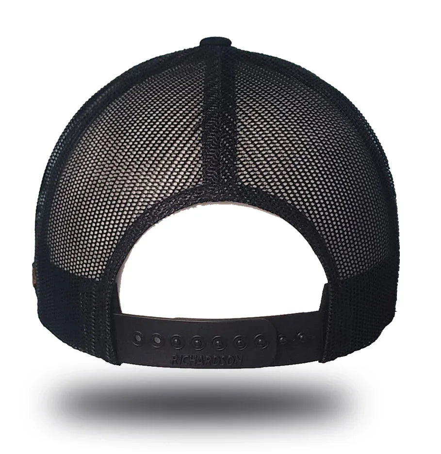Black Richardson trucker hat with mesh back and adjustable strap, perfect for Florida pride apparel.