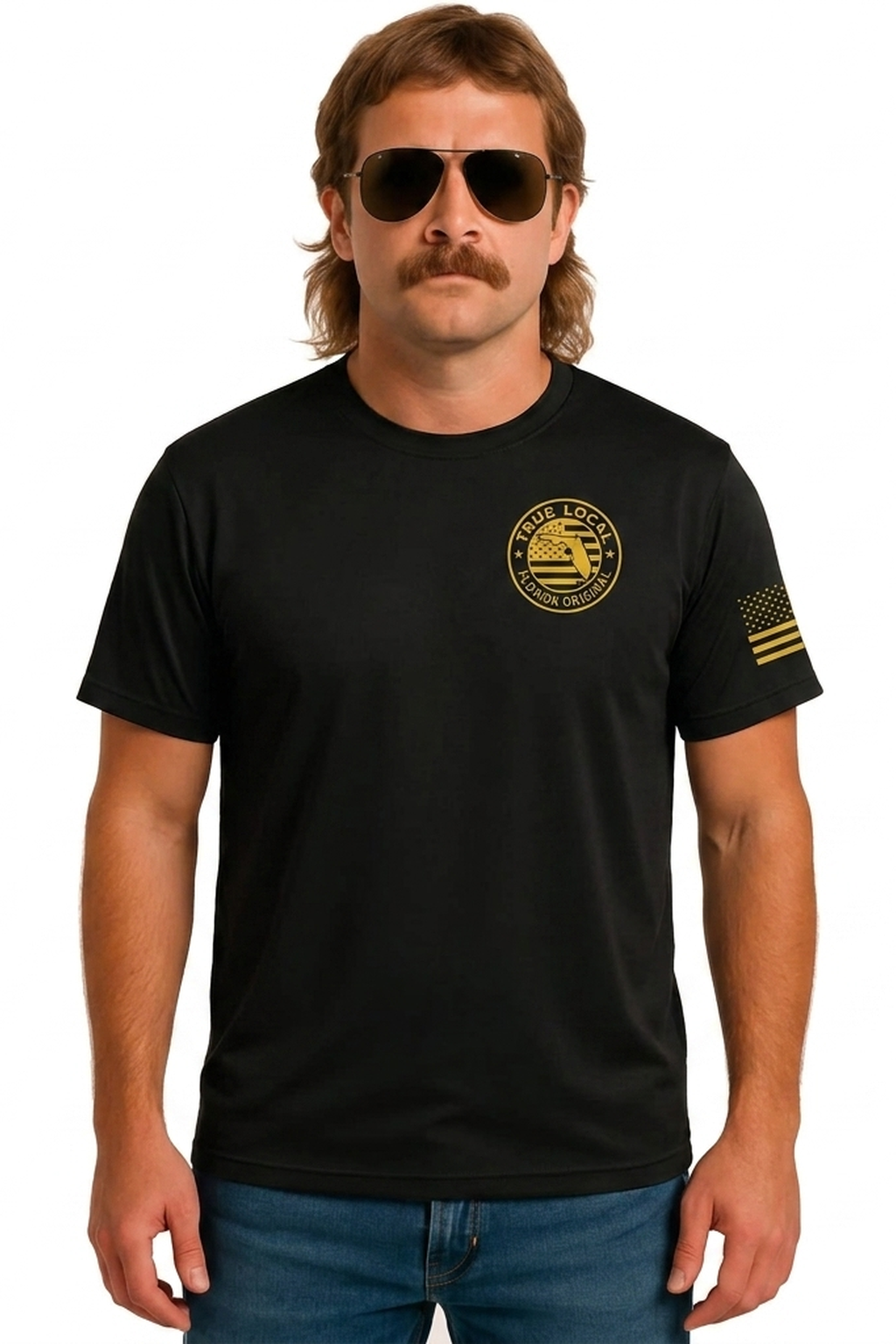 True Local Florida Man T-Shirt in black with gold chest logo and American flag sleeve detail, front view