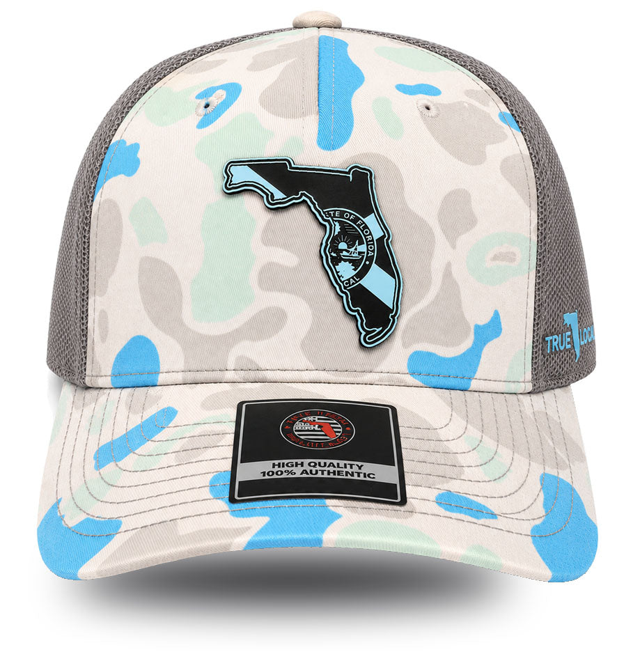 True Local Duck Camo Florida Patch Trucker Hat – State Seal Snapback Cap