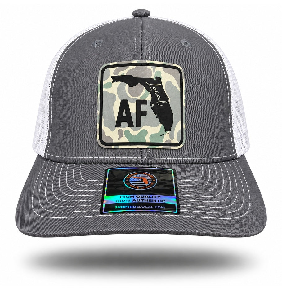 Gray Local AF Florida Camo Patch Trucker Hat, front view showing original patch artwork