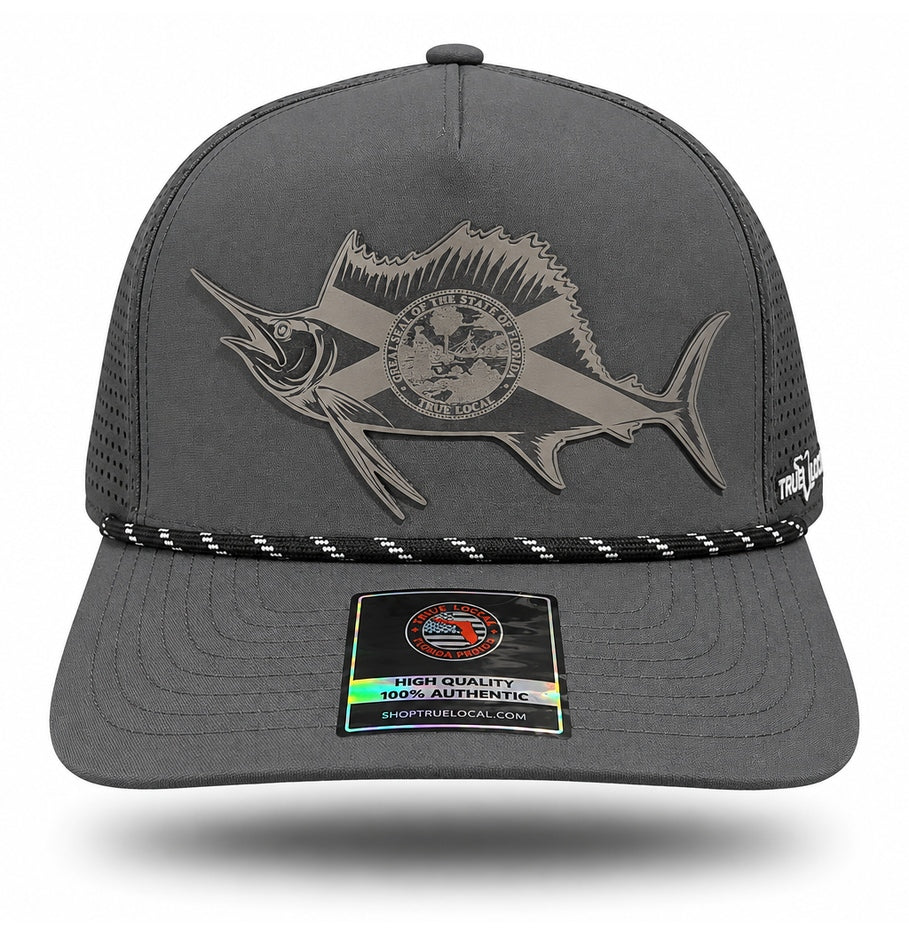 Gray sailfish performance rope hat with tonal gray patch, front view showing long-billed sailfish, Florida saltire and circular state-seal details