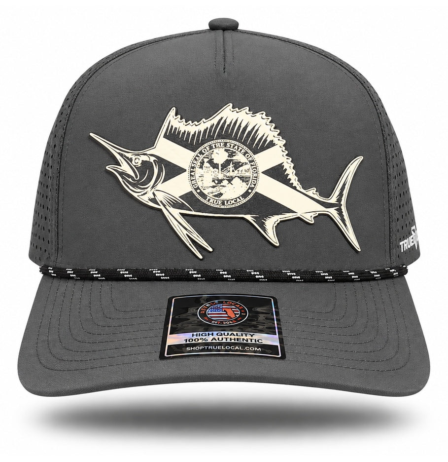 Gray sailfish performance rope hat with white patch, front view showing long-billed sailfish, Florida saltire and circular state-seal details