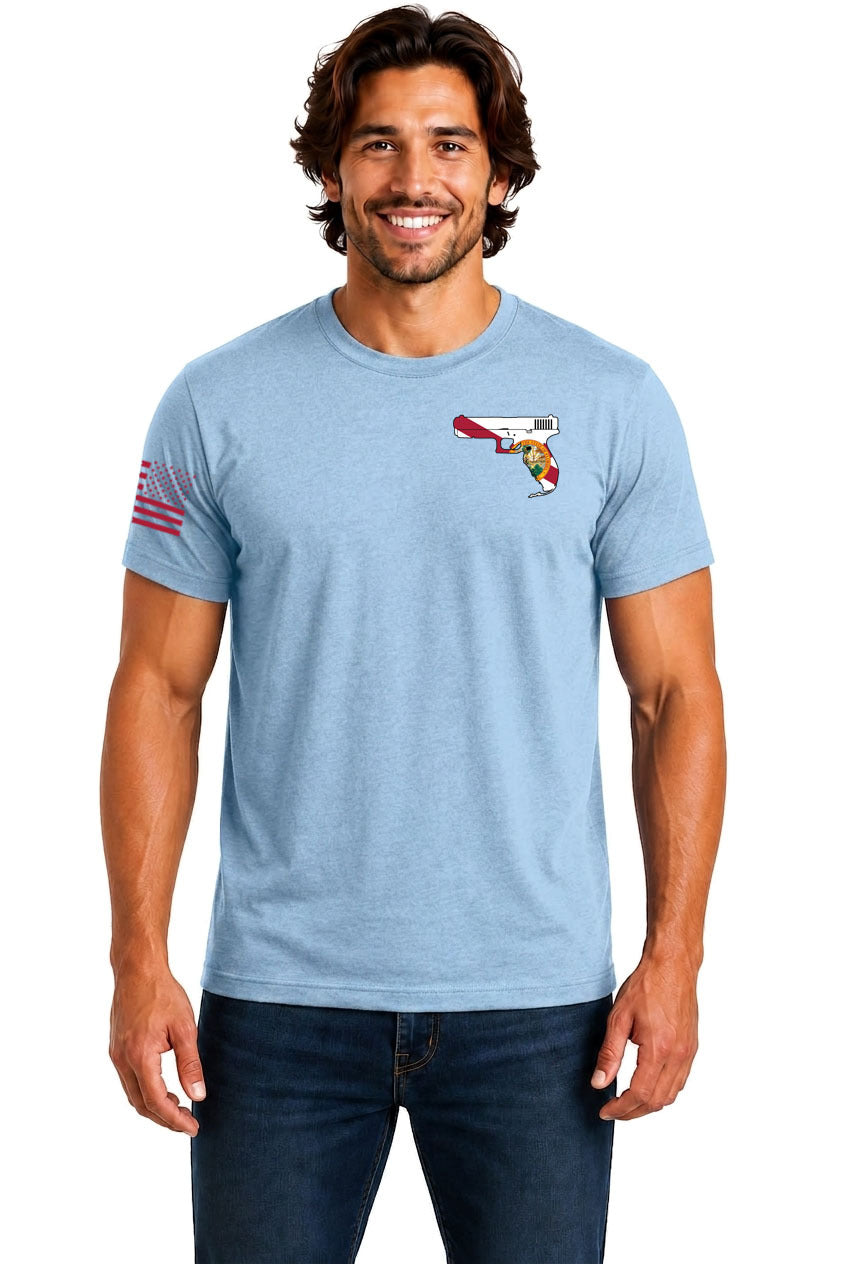 True Local Gunshine State Florida pistol flag Light Blue cotton t-shirt front view