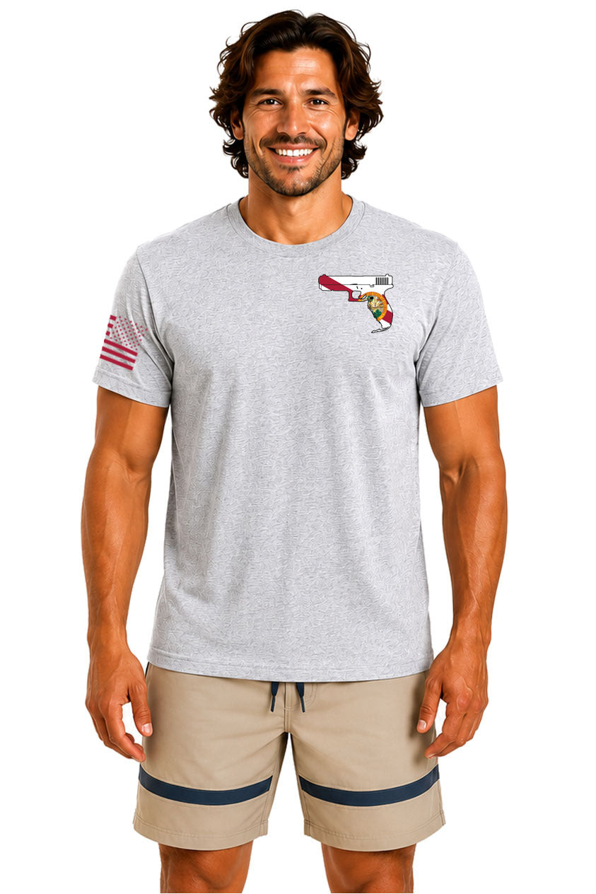 True Local Gunshine State Florida pistol flag Gray cotton t-shirt front view