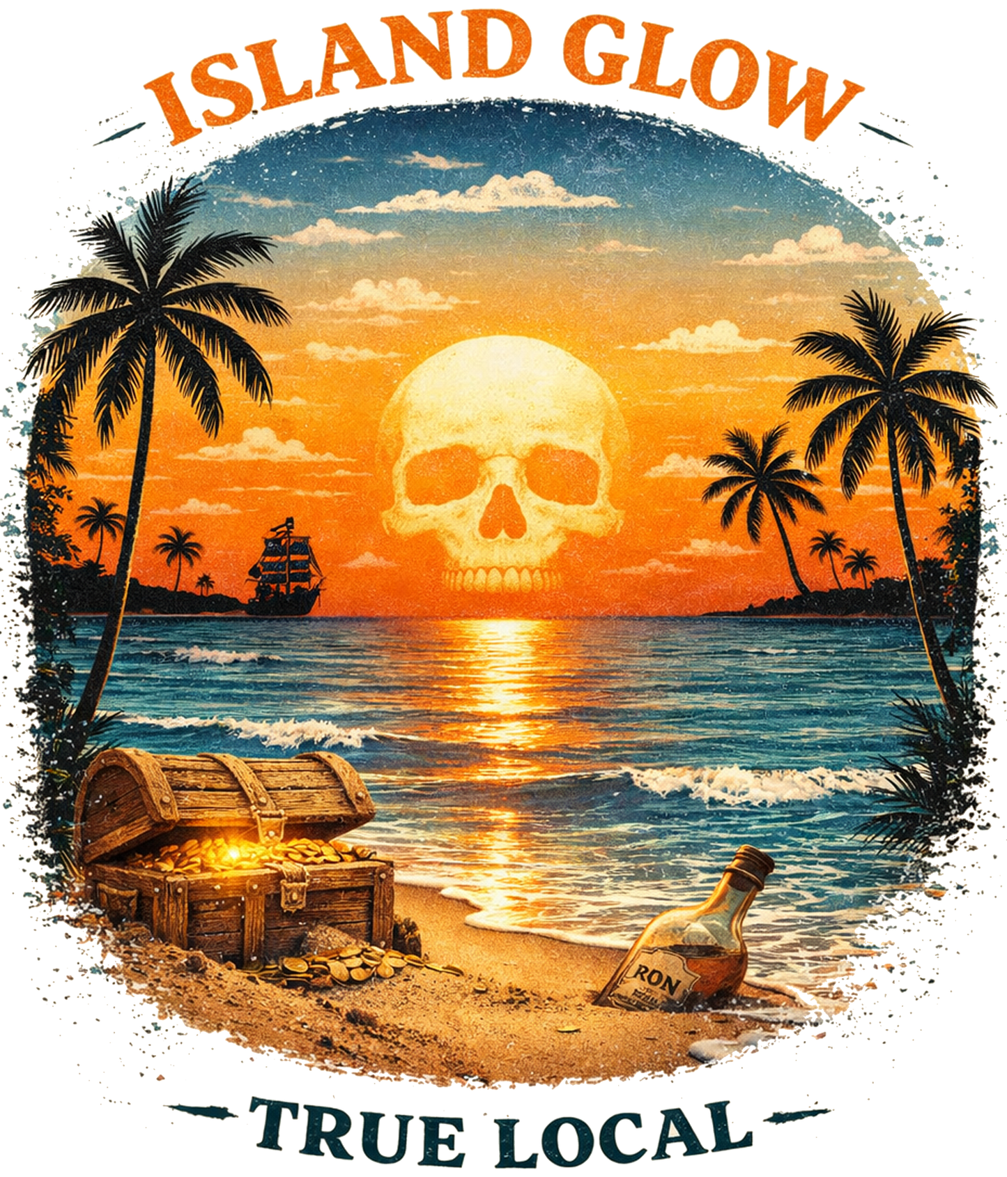 Island Glow UV Sticker – Pirate Skull Sunset Beach Decal