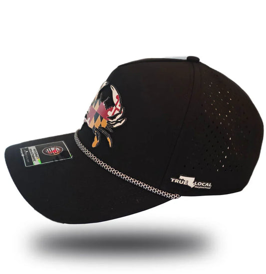 Black perforated cap with Maryland flag crab design, 'True Local Maryland Proud' logo, and chain trim detail
