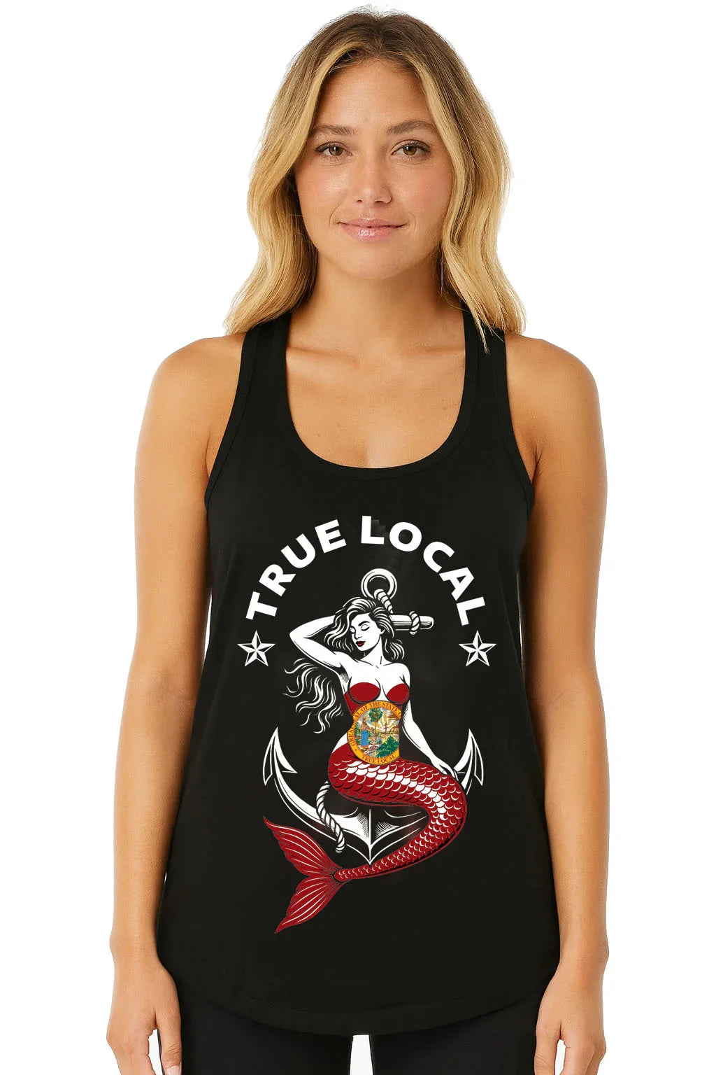 Black tank top with mermaid graphic, anchor, and 'True Local' text, celebrating Florida coastal pride.