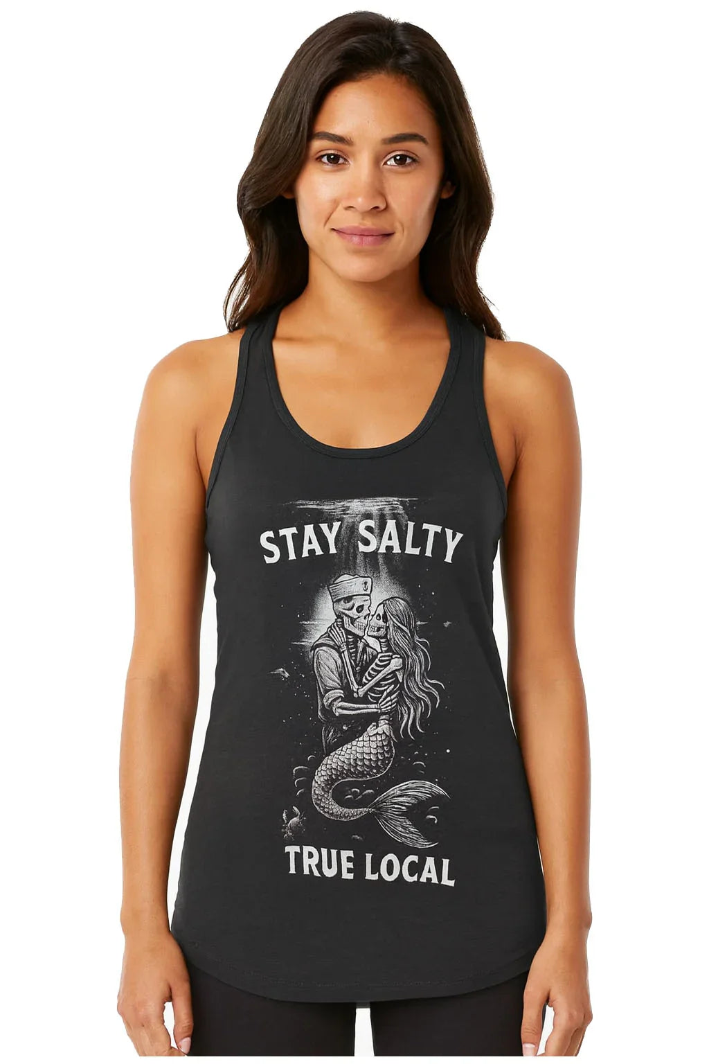 Black tank top with 'Stay Salty' and mermaid-skeleton graphic, True Local branding