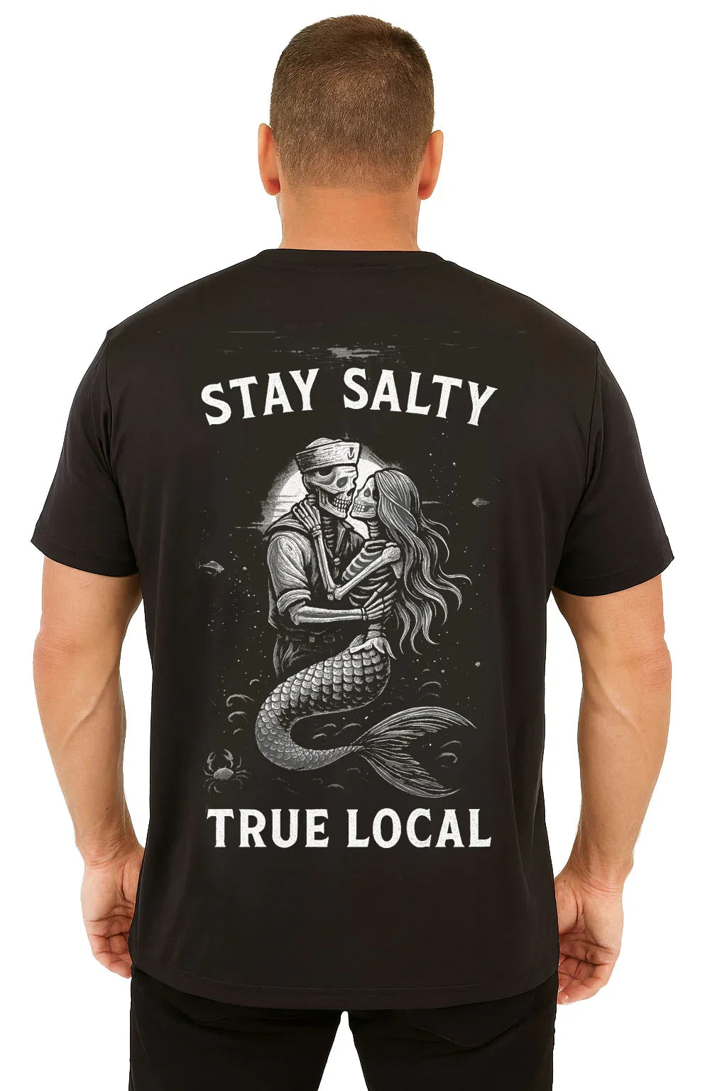 Black 'Stay Salty' t-shirt with skeleton sailor and mermaid graphic, 'True Local' text, Florida beach apparel