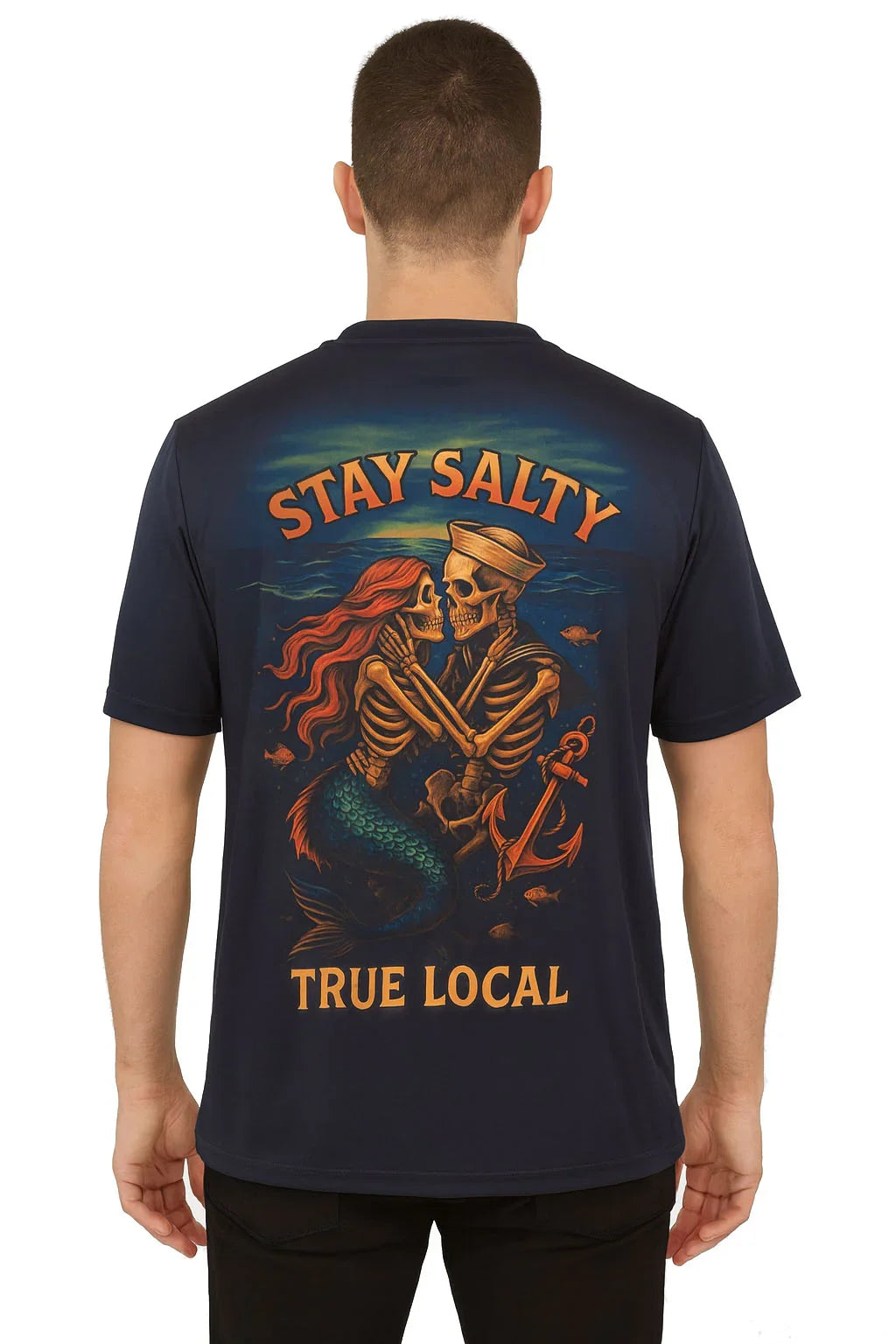 Stay Salty mermaid and sailor skeleton graphic tee, True Local Florida apparel