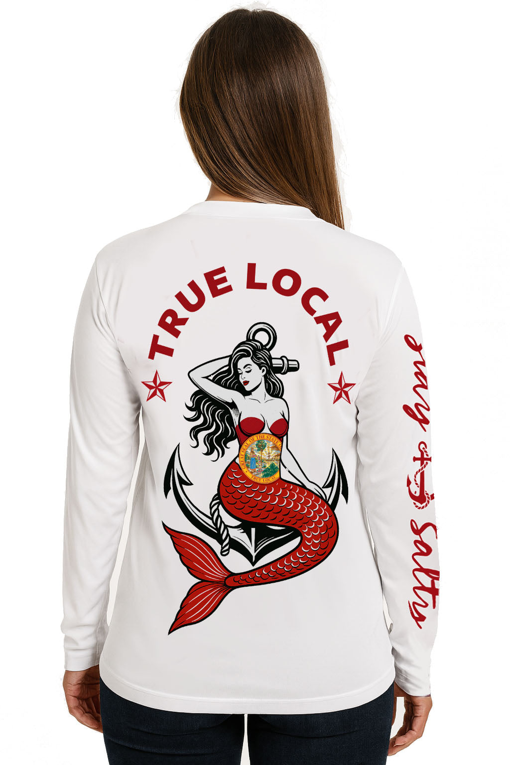 True Local Women’s V-Neck Dri-Fit Performance Long Sleeve – Florida Mermaid & Anchor (White)