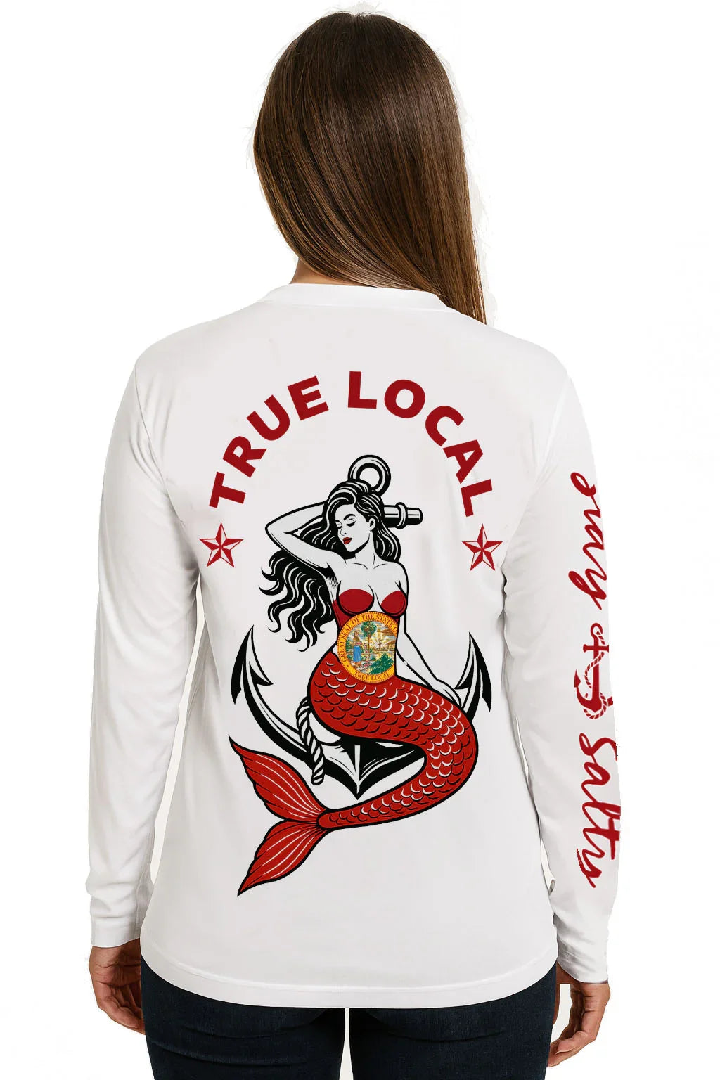 White long sleeve shirt with red mermaid graphic, 'TRUE LOCAL' text, and Florida seal, back view