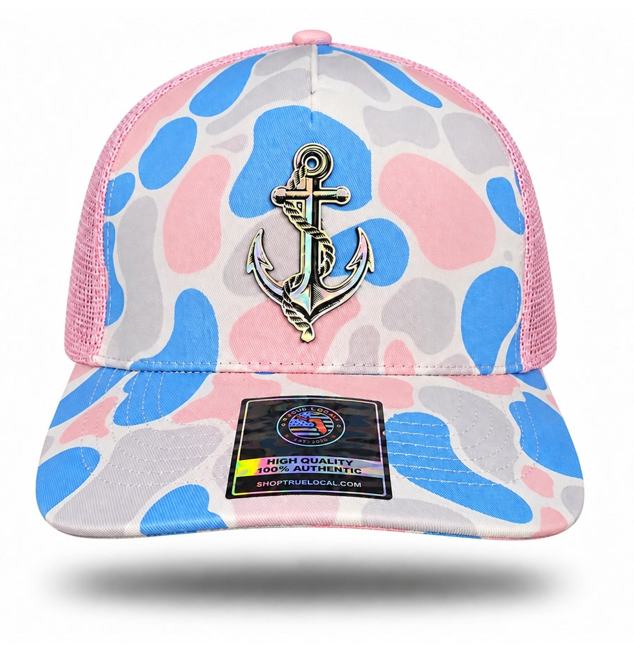 Pink Duck Camo Holographic Anchor Trucker Hat, front view with light-catching holographic anchor patch