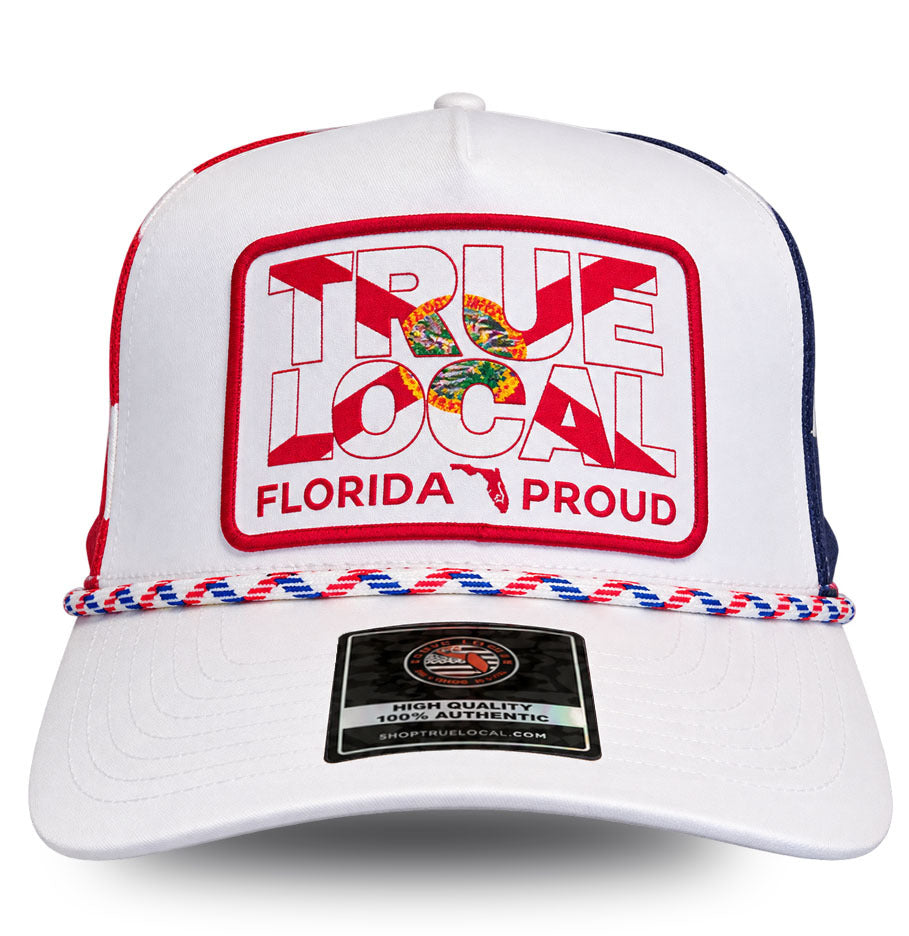 Florida Proud stars and stripes rope hat front with True Local Florida flag patch and red white and blue rope