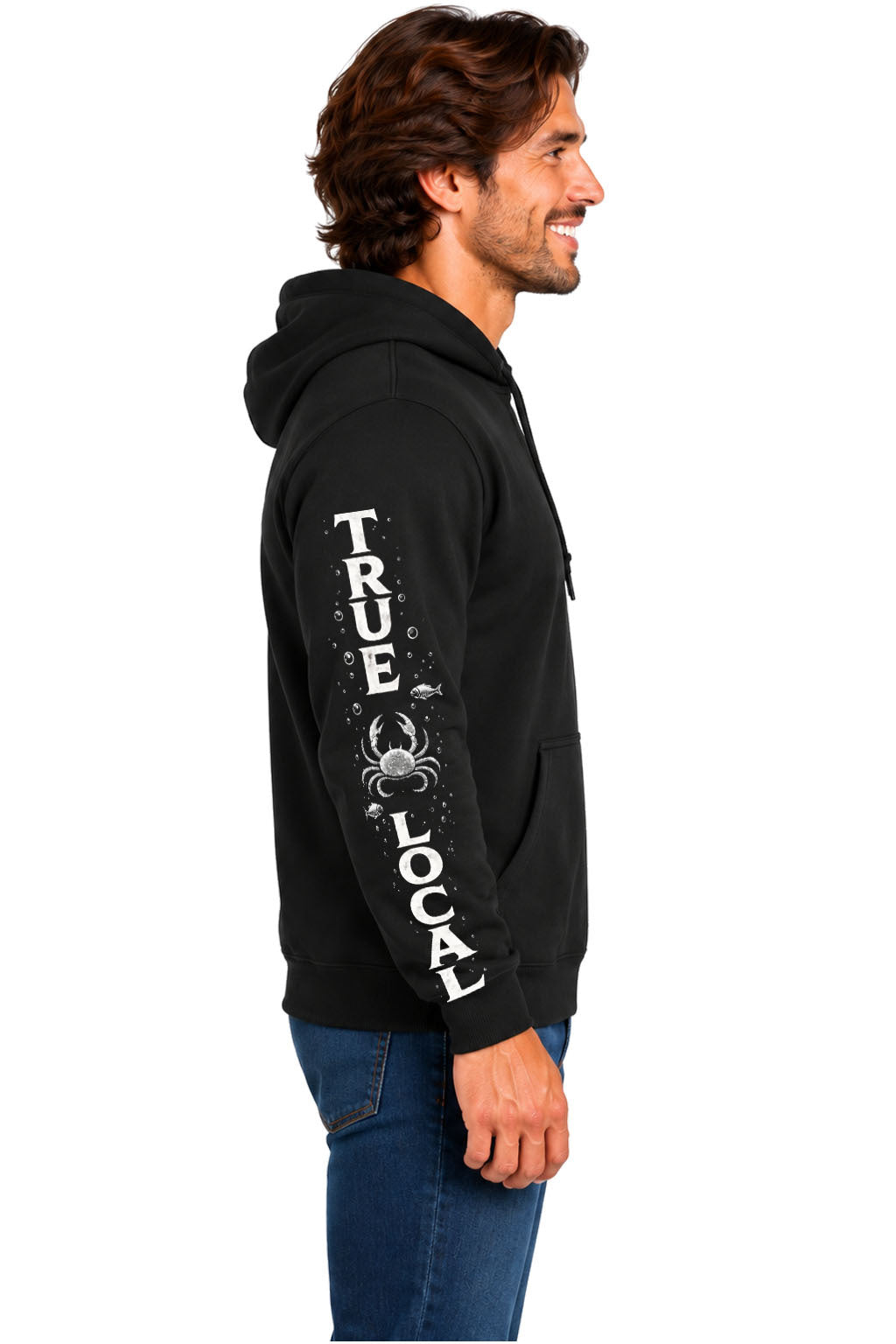 Black Stay Salty hoodie sweatshirt side view with vertical True Local sleeve print, crab, fish and bubbles