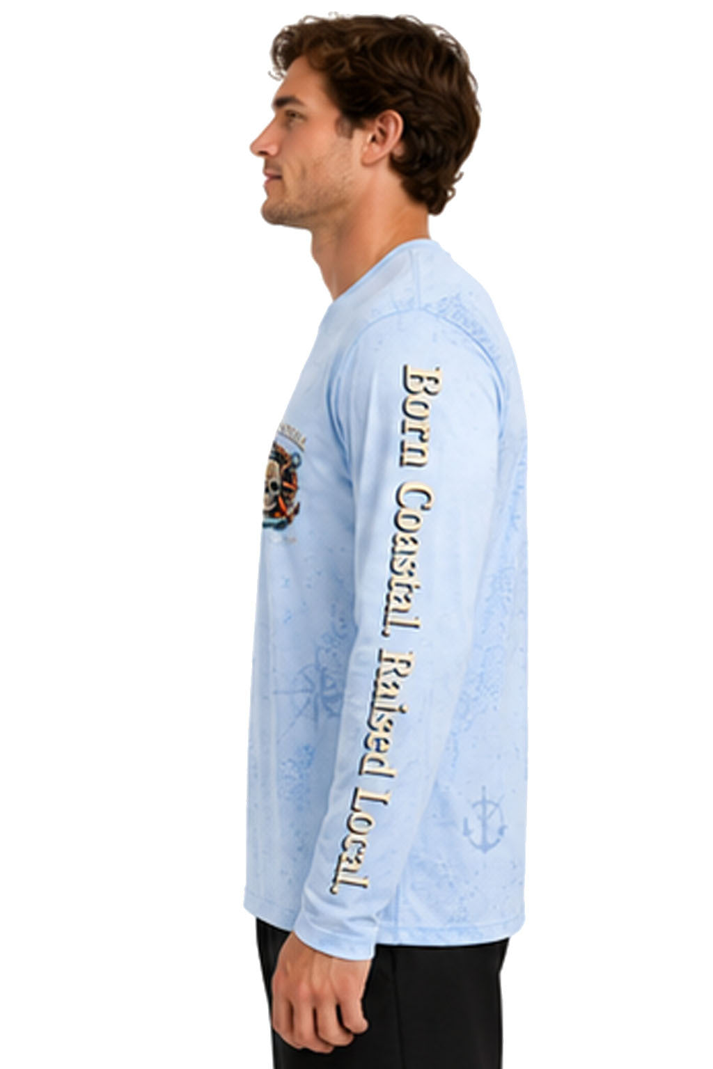 Sugar Skull Anchor dri-fit performance shirt right side view - nautical skull design Sky Blue