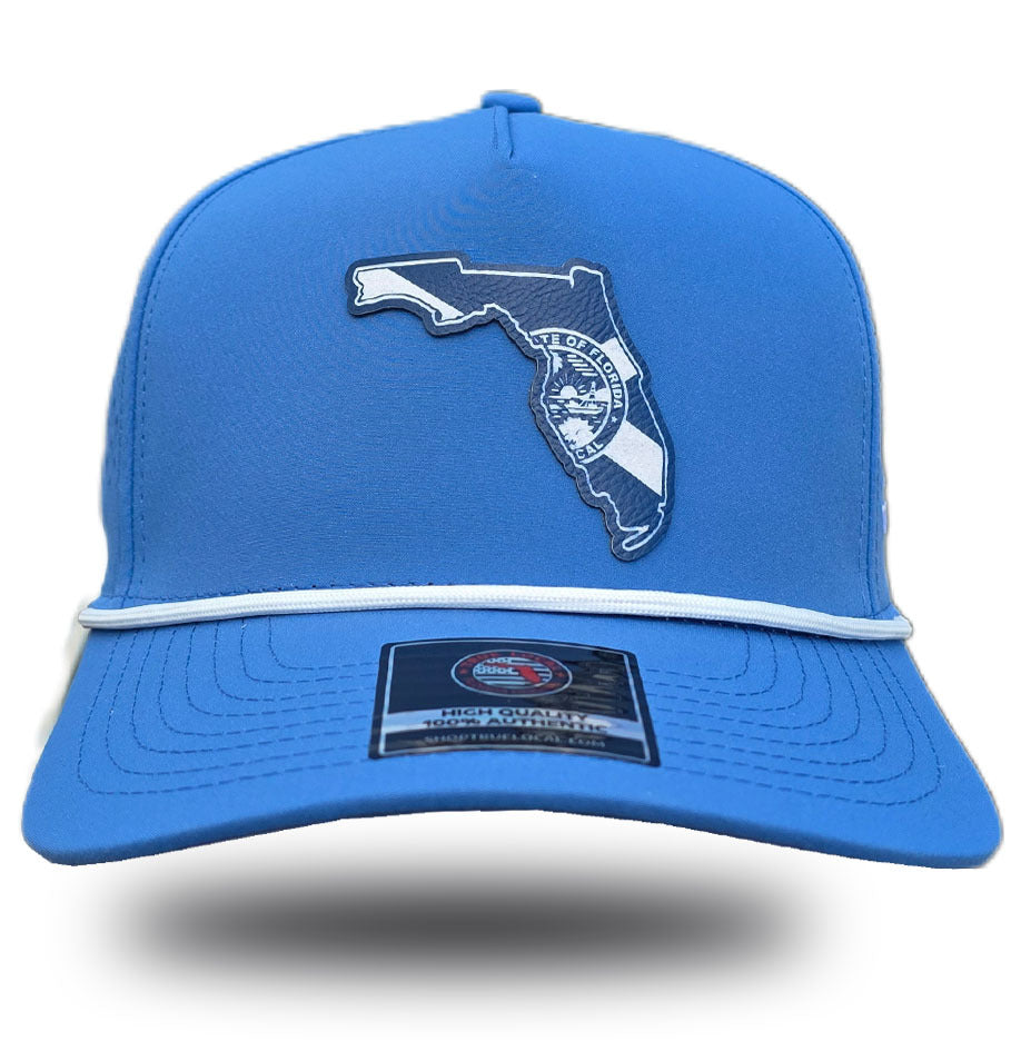 Navy Florida state flag patch with state seal on sky blue performance rope hat, front view