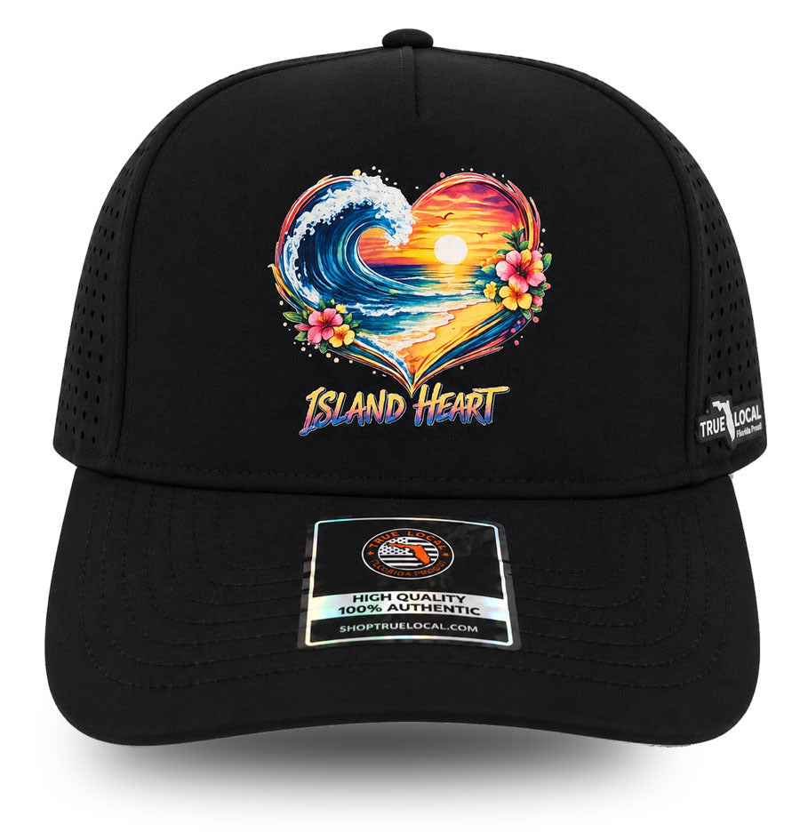 True Local Island Heart performance hat in black with tropical wave sunset design - front view