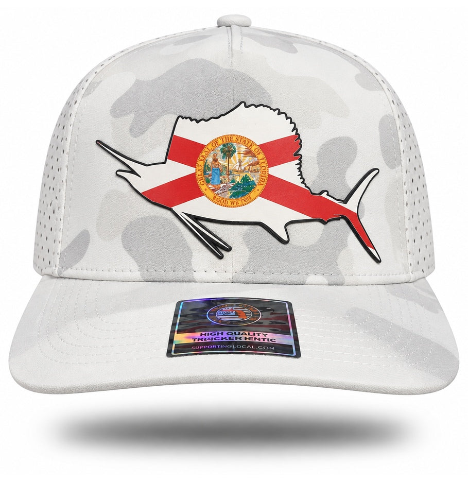 White Camo Florida Flag Sailfish Performance Hat, front view showing Florida flag sailfish patch