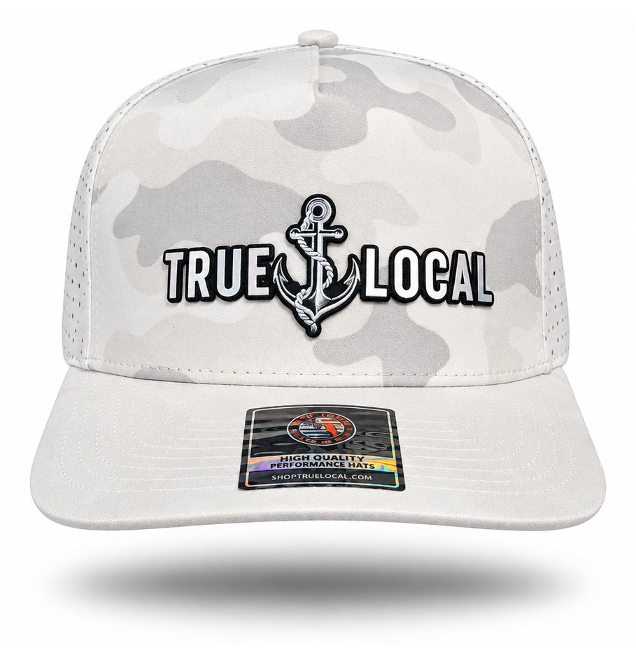 White Camo True Local Anchor Performance Hat, front view showing original patch artwork