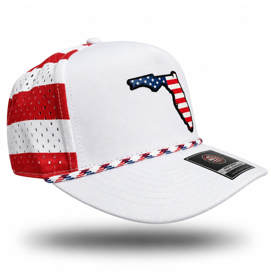 White Florida American Flag Performance Rope Hat, bill pointing right with red and white striped perforated side panels