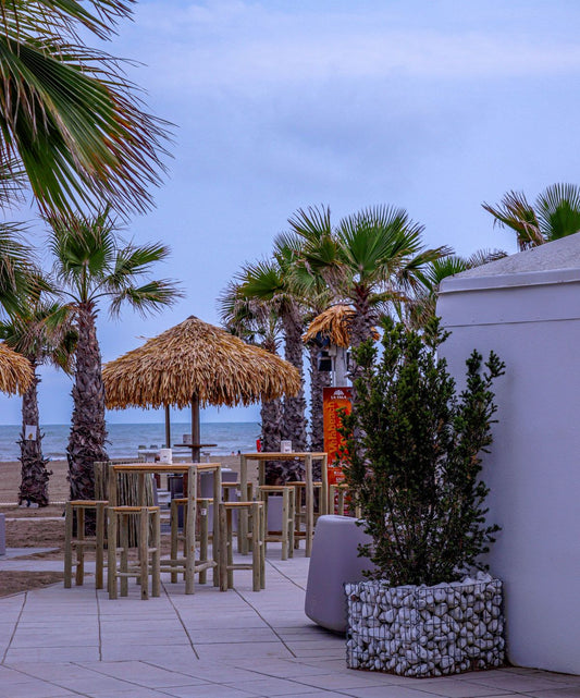 Beachfront tiki bar with palm trees and wooden high-top tables in South Florida