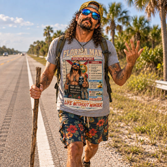 Florida Man in Booking Report tee hiking the highway shoulder with a walking stick, waving with a correctly five-fingered hand