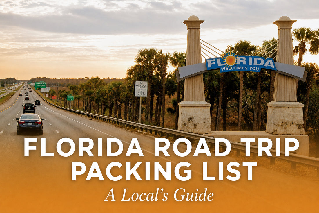 Florida Welcomes You highway sign with title overlay - Florida Road Trip Packing List: A Local's Guide
