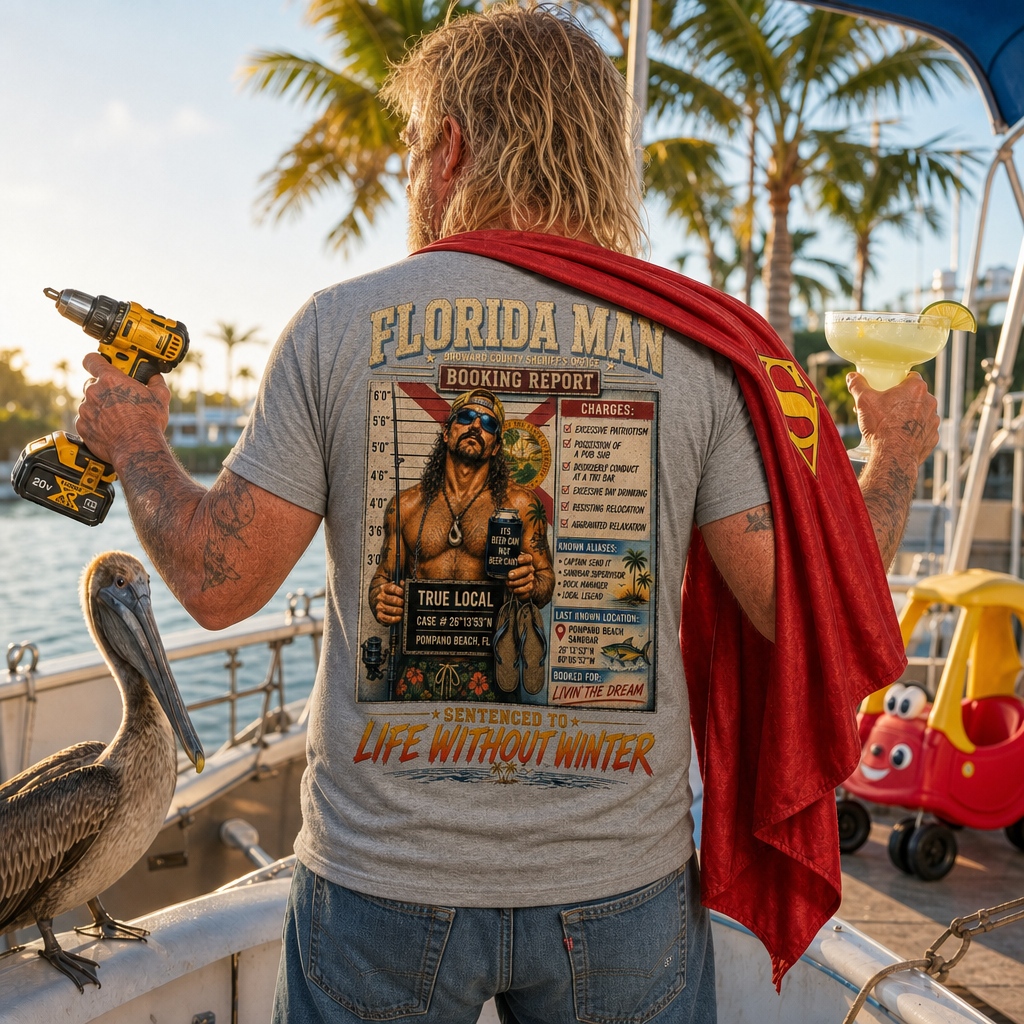 Florida Man in athletic grey full-color Booking Report tee with cape, drill and margarita on a Pompano Beach dock