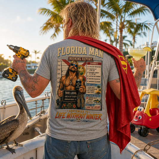 Florida Man in athletic grey full-color Booking Report tee with cape, drill and margarita on a Pompano Beach dock