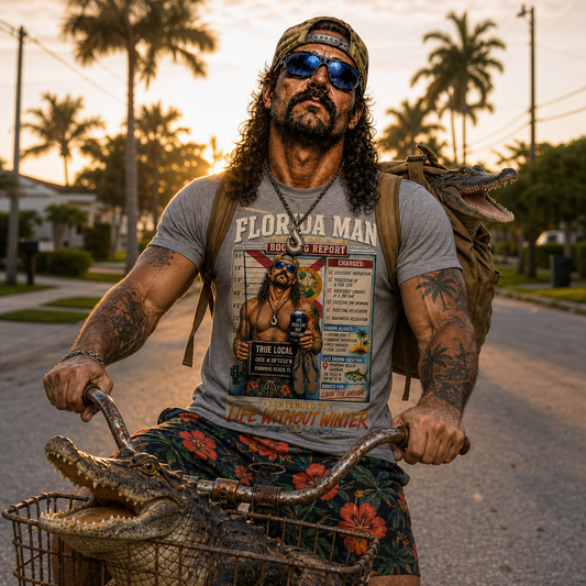 Florida Man in True Local Booking Report tee riding a bicycle with alligators in Pompano Beach at sunset