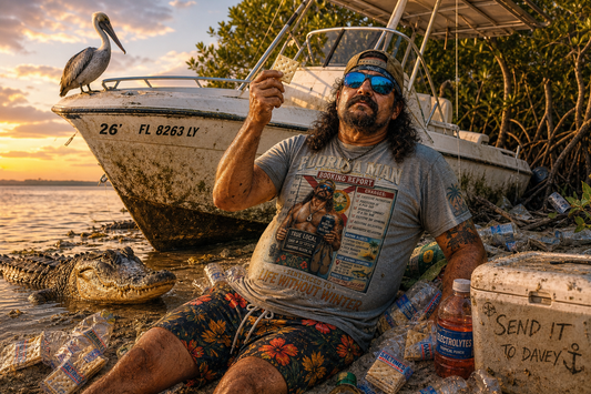 Florida Man castaway on a beached boat in the Everglades with crackers, a gator and a pelican
