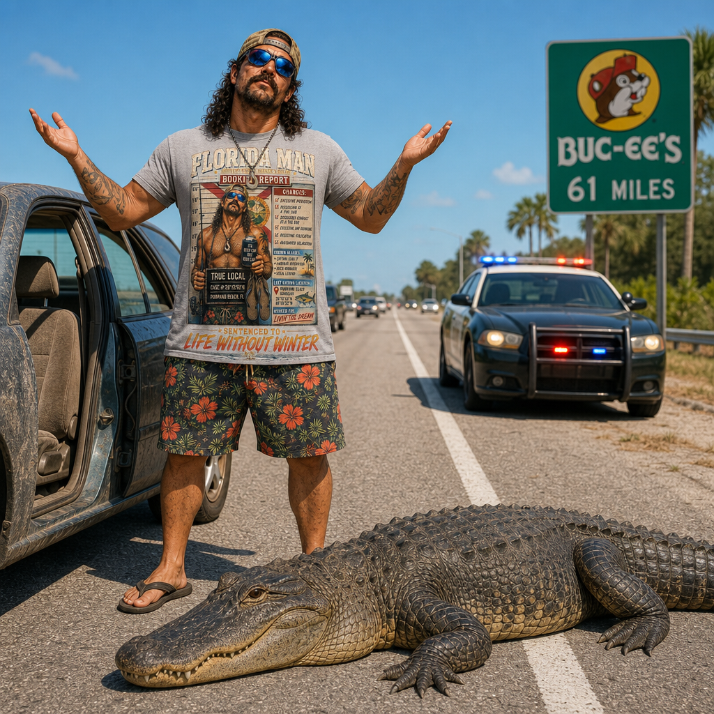 Florida Man in a heather grey Florida Man Booking Report tee blocked by an alligator on a Florida highway