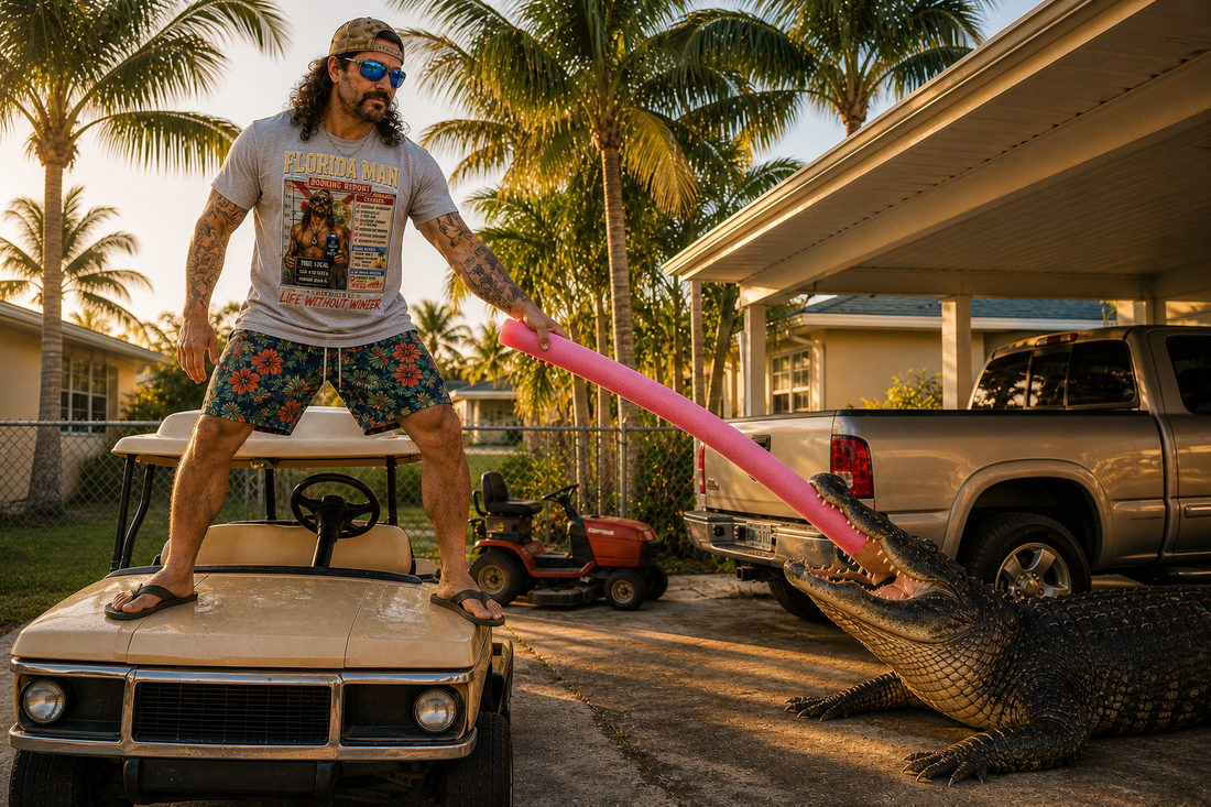 Florida Man in a properly fitted athletic heather-grey Booking Report tee, holding one pink pool noodle toward an alligator from a golf cart