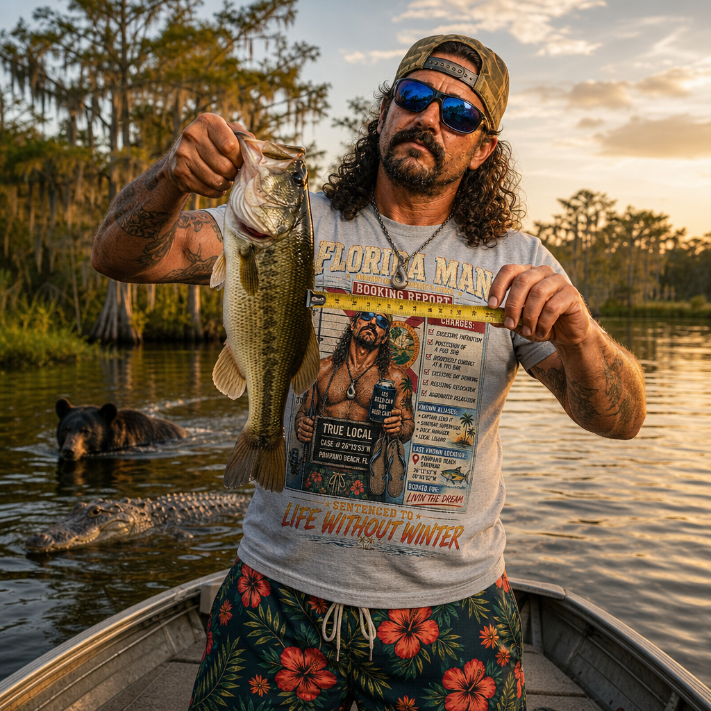 Florida Man in a Booking Report tee measuring a bass on the Kissimmee River as a bear and gator swim by