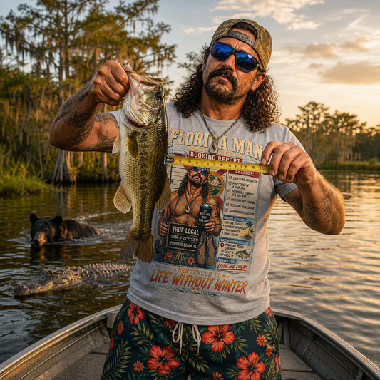 Florida Man in a Booking Report tee measuring a bass on the Kissimmee River as a bear and gator swim by