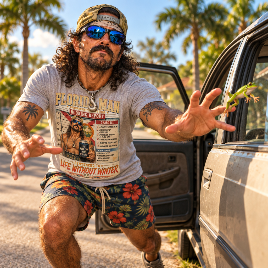 Florida Man in heather grey Booking Report tee chasing a tree frog out of his car