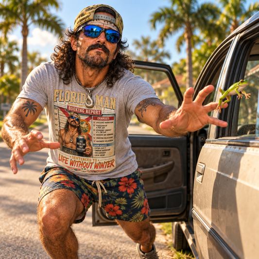 Florida Man in heather grey Booking Report tee chasing a tree frog out of his car