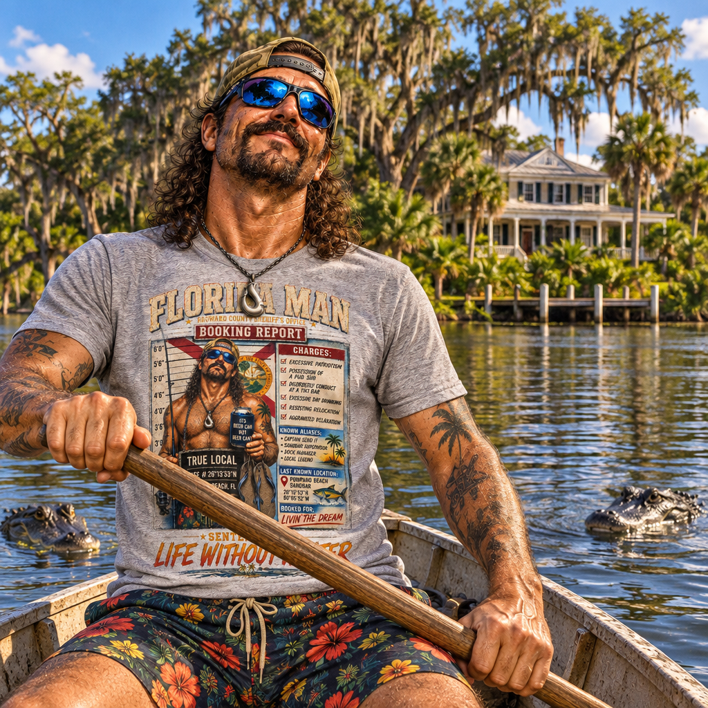 Florida Man in Booking Report tee rowing across an alligator moat to an island castle