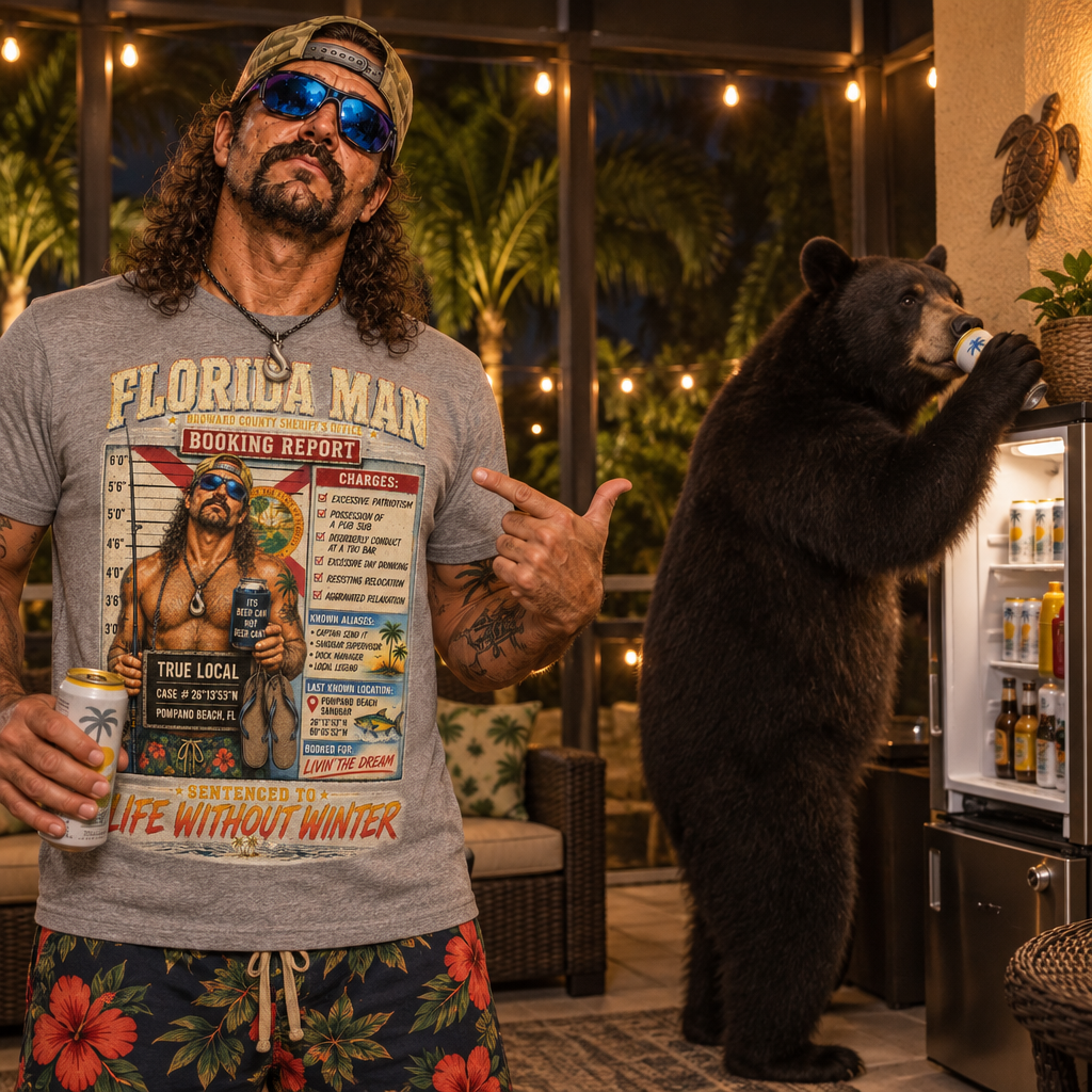 Florida Man in Booking Report tee on his patio as a black bear drinks from his fridge