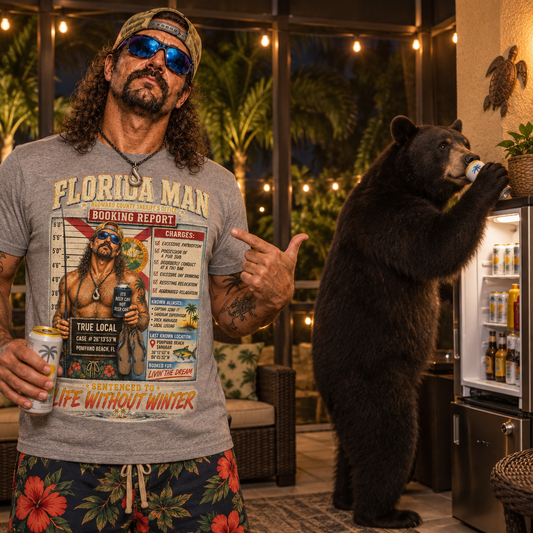 Florida Man in Booking Report tee on his patio as a black bear drinks from his fridge