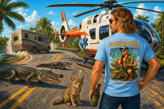 Florida Man Weekly Roundup June 26 2026 - guy in Florida Man shirt next to a medical helicopter with a coyote pup and alligators on a Florida highway