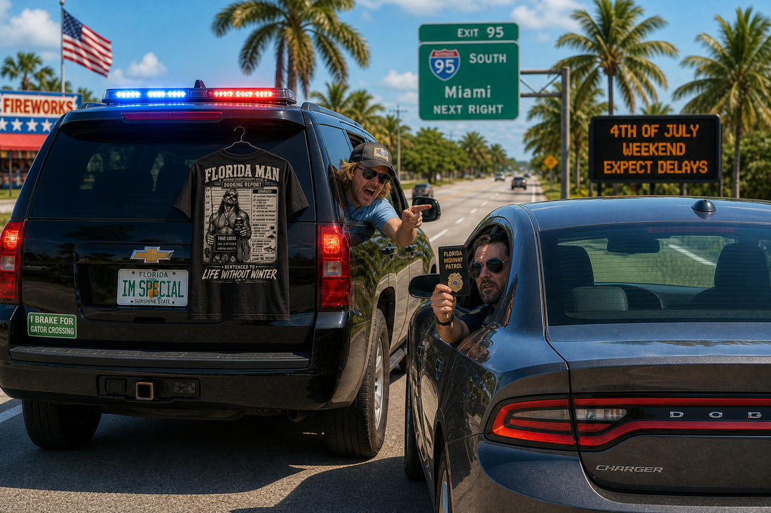 Florida Man Weekly Roundup July 3 2026 - Fake cop with mugshot booking report shirt pulls over real cop on Florida highway
