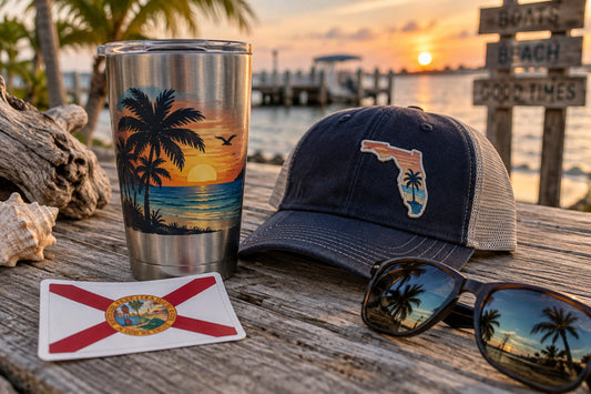 Authentic Florida souvenirs — UV sticker decal, sunset tumbler, and Florida patch trucker hat at golden hour by the water