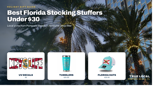 Florida stocking stuffers under $30: Keys Life decal, teal Sugar Skull tumbler and aqua Florida flag hat against holiday-lit palm trees