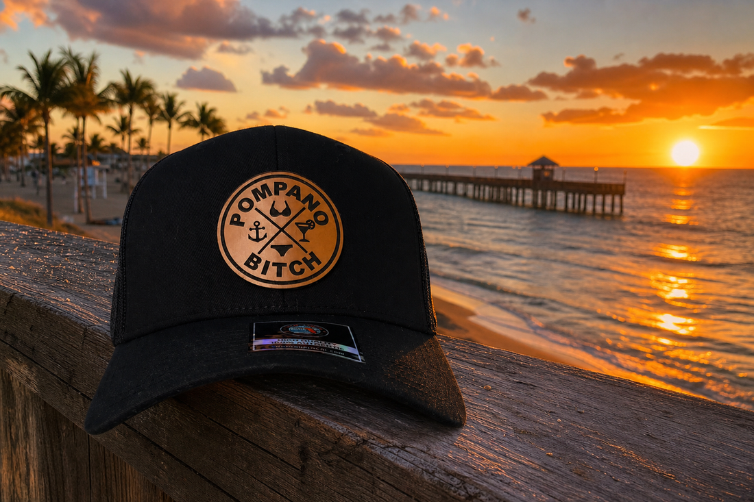 True Local Pompano Bitch trucker hat on Pompano Beach pier at sunset - Florida lifestyle brand