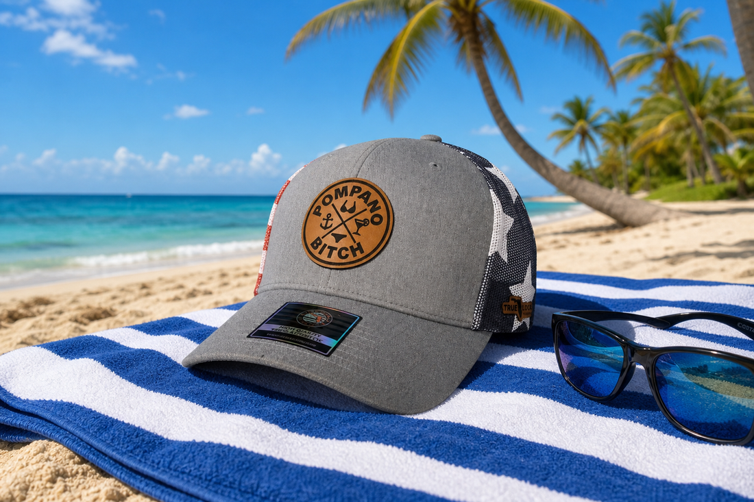 True Local Bikini trucker hat with American flag mesh on Florida beach - best Florida trucker hats