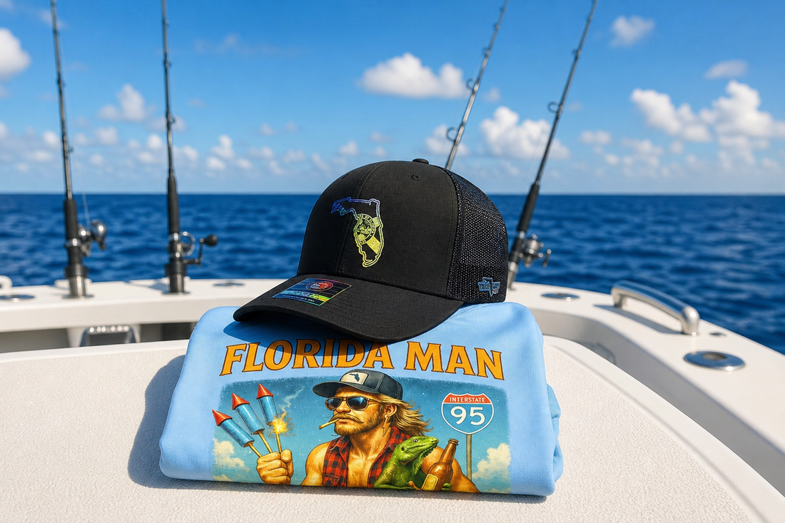 True Local hat and Florida Man performance shirt on fishing boat - what to wear fishing in Florida